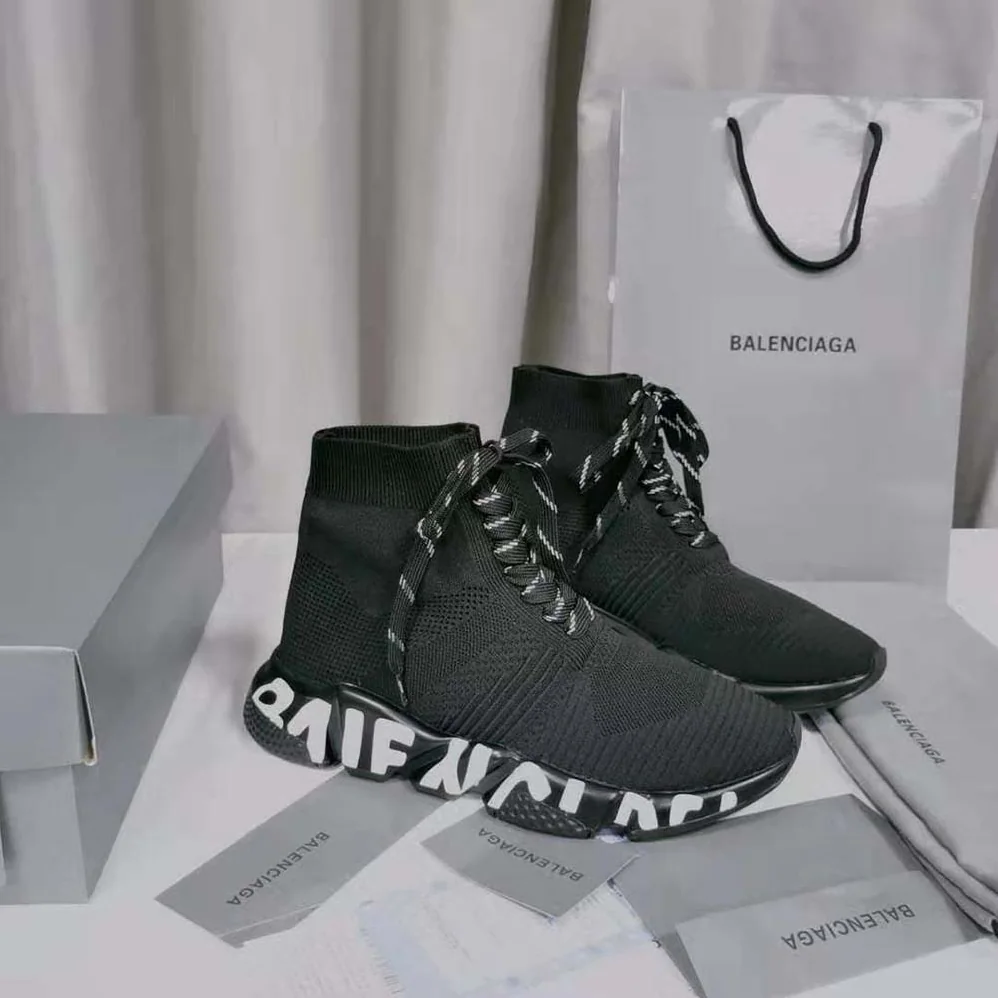 Balenciaga Speed Lace up Graffiti Sneaker in Black for Women in White Balenciaga Speed Lace up Graffiti Sneaker in Black for Women in White