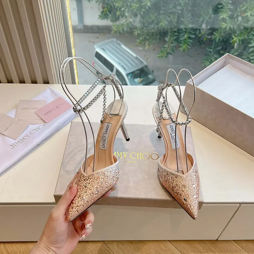 Jimmy Choo Saeda 100 Gold Satin Pumps with Crystals for Women