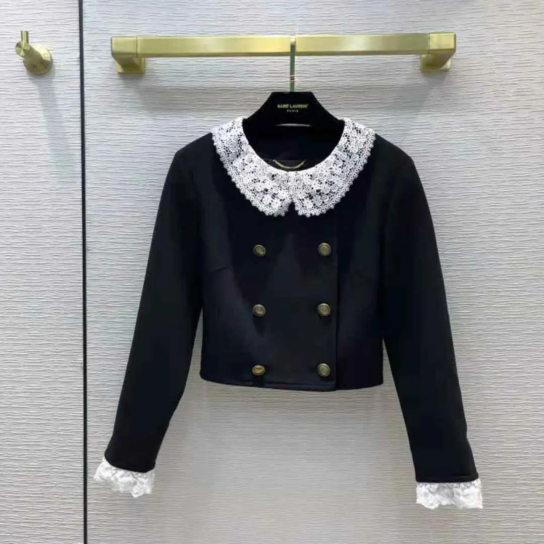 Saint Laurent YSL Short Jacket in Wool Twill with Floral Lace Embroidery for Women Saint Laurent YSL Short Jacket in Wool Twill with Floral Lace Embroidery for Women