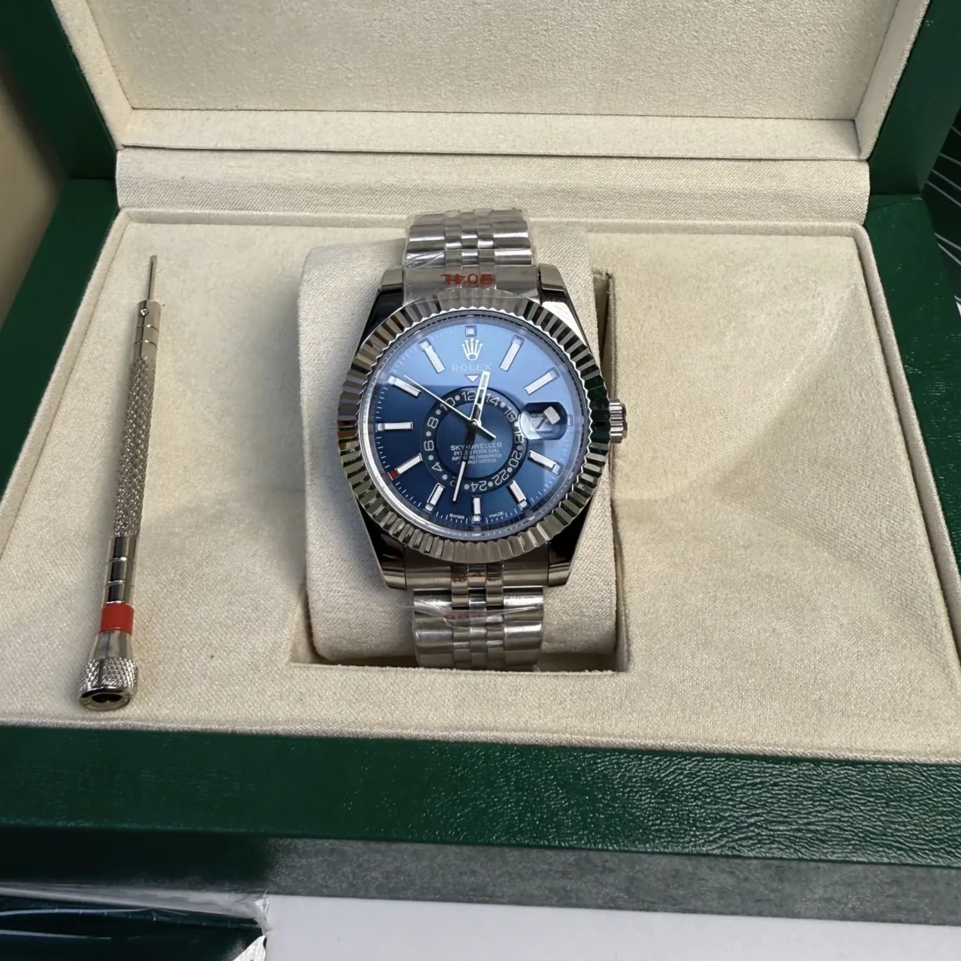 Rolex Sky Dweller Watch Silver Toned Blue Dial Rolex Sky Dweller Watch Silver Toned Blue Dial