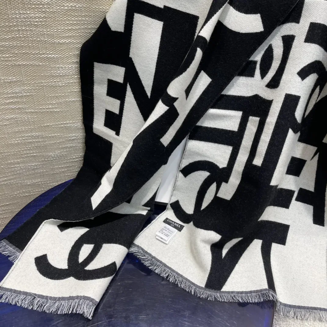 Chanel Double Dided Large Letter Scarf Black Chanel Double Dided Large Letter Scarf Black