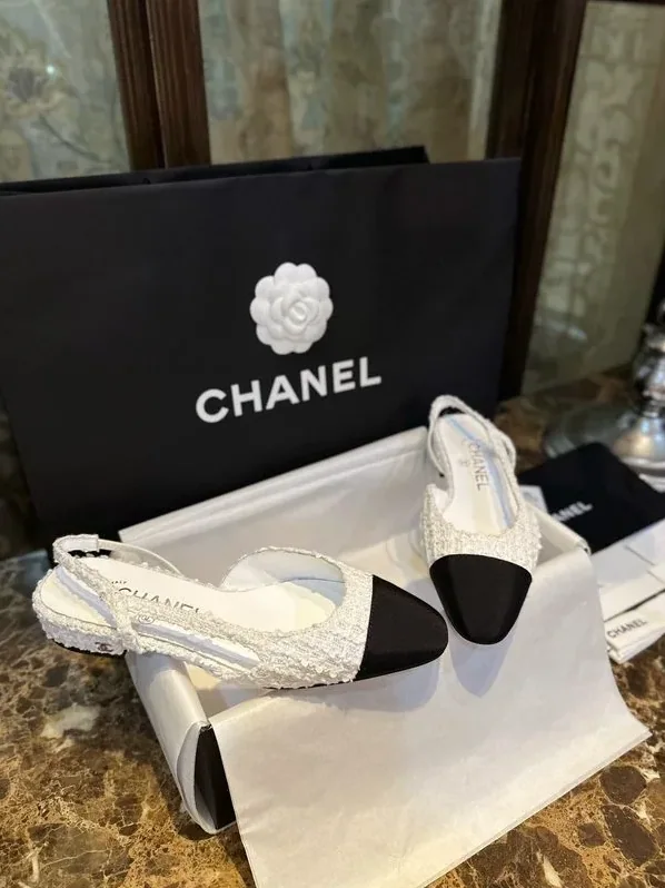 Chanel Sling Back Tweed Sandals White Chanel Sling Back Tweed Sandals White
