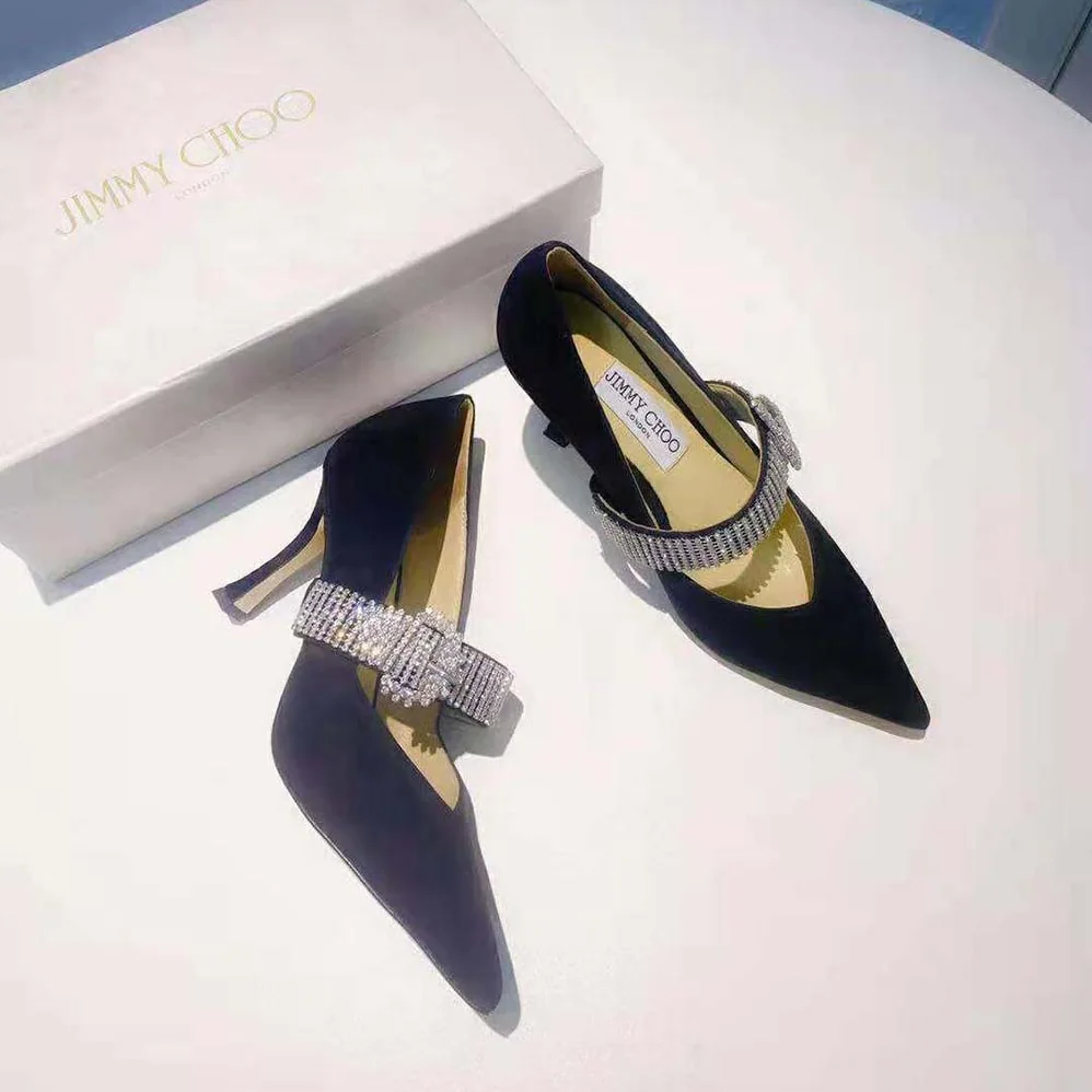 Jimmy Choo Kari 90 Black Suede Pumps with Crystal for Women in Embellished Strap Jimmy Choo Kari 90 Black Suede Pumps with Crystal for Women in Embellished Strap