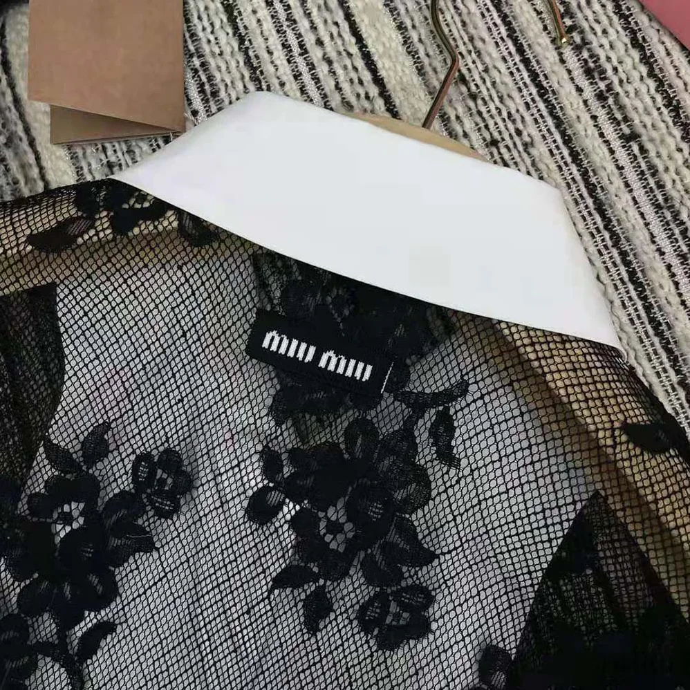 Miu Miu Lace Shirt with Knit Logo Label for Women in Black Miu Miu Lace Shirt with Knit Logo Label for Women in Black