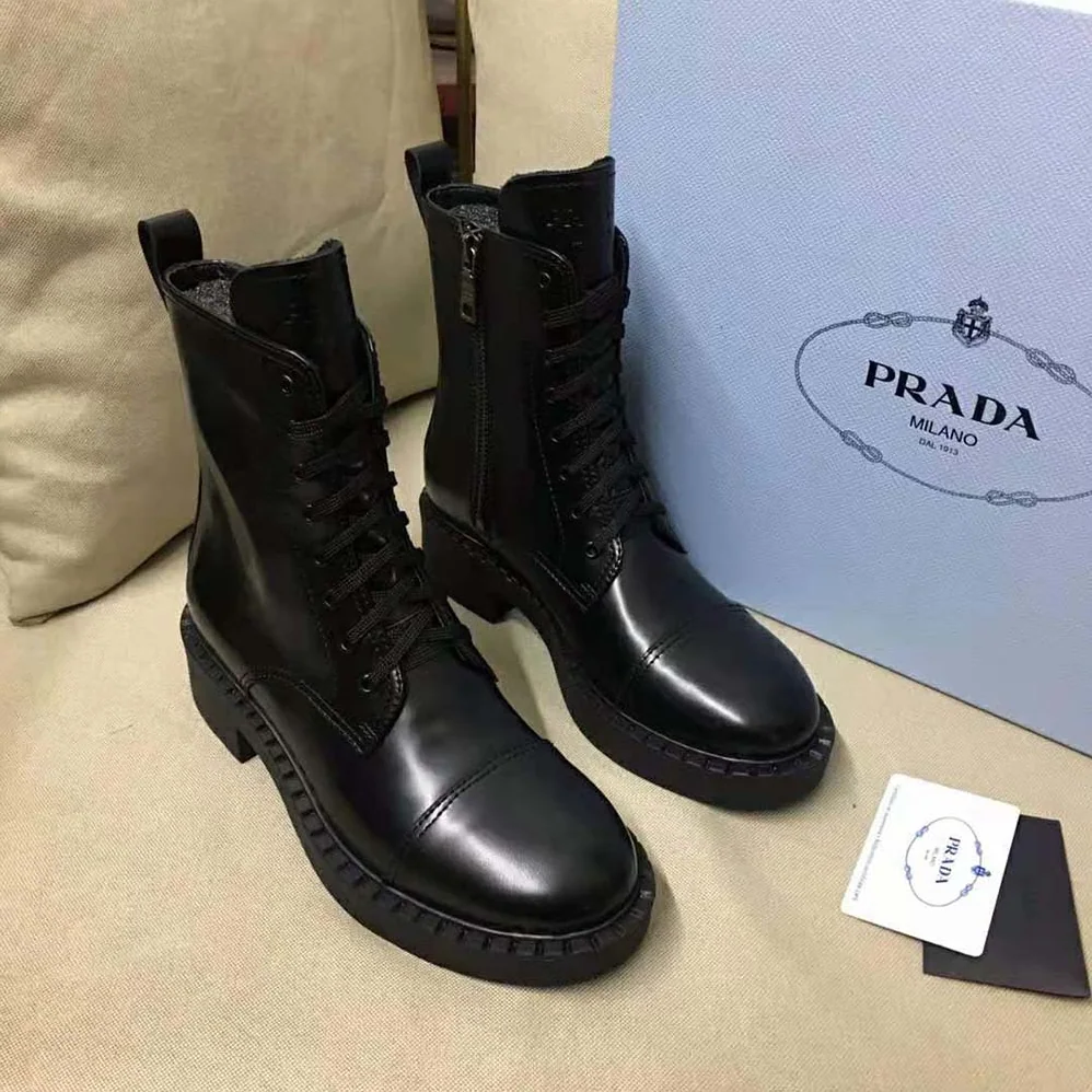 Prada Brushed Leather Laced Booties for Women in Black Prada Brushed Leather Laced Booties for Women in Black