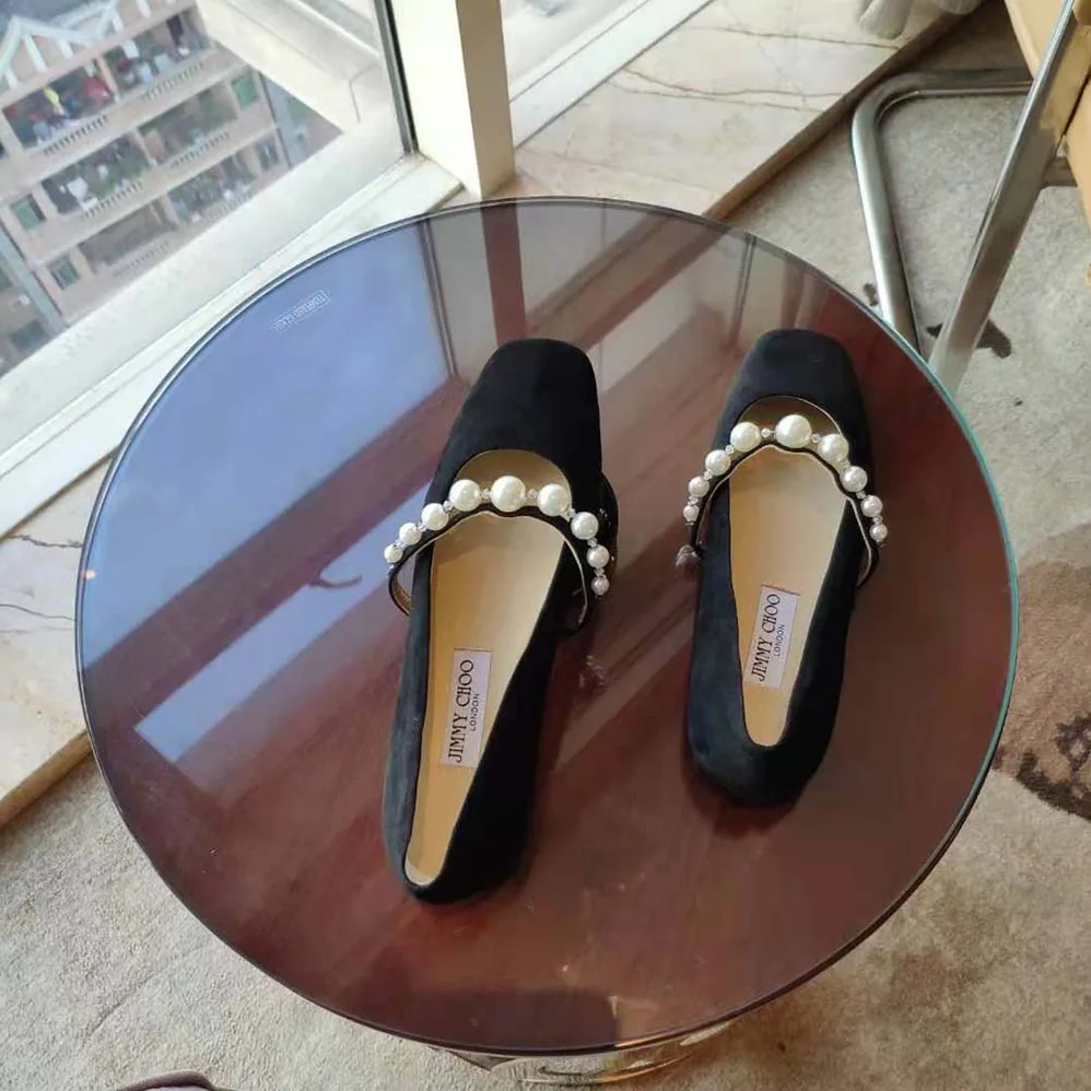 Jimmy Choo Ade Flat Ballet Black Suede Flats with Pearl Embellishment for Women