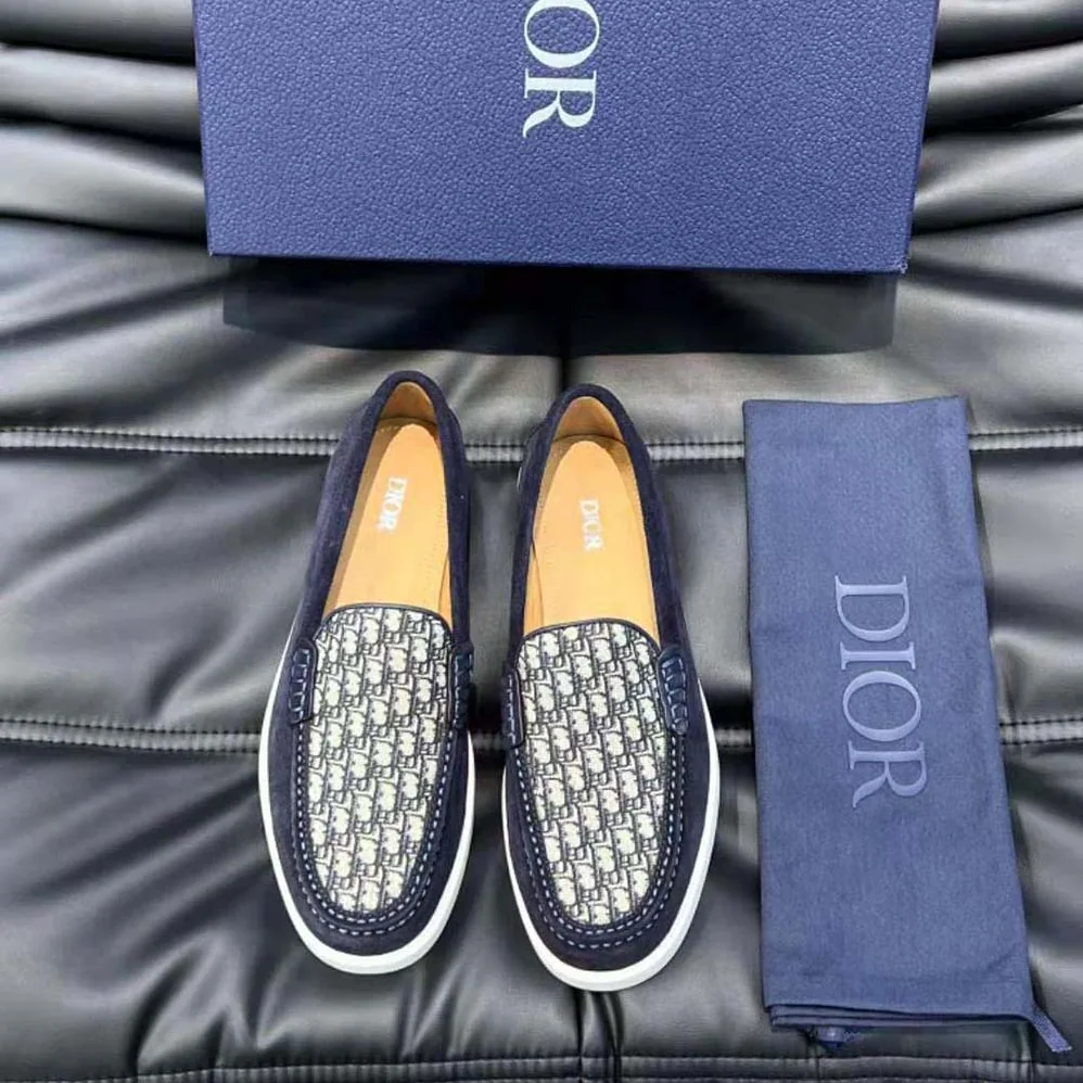 Dior Granville Loafer Navy Blue Suede with Beige and Black Dior Oblique Jacquard for Men