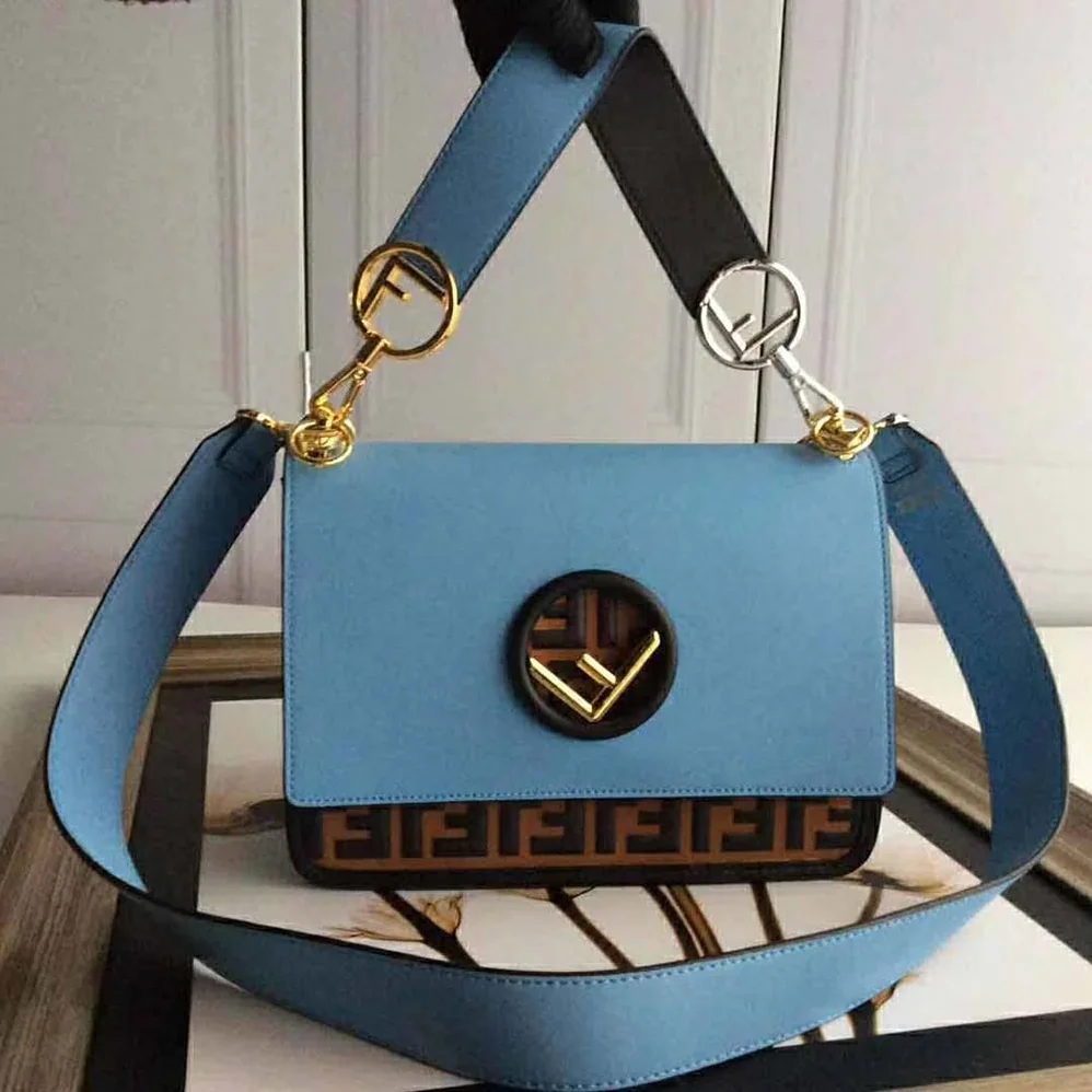 Fendi Kan I F Leather Bag in Calfskin Leather for Women in Blue Fendi Kan I F Leather Bag in Calfskin Leather for Women in Blue