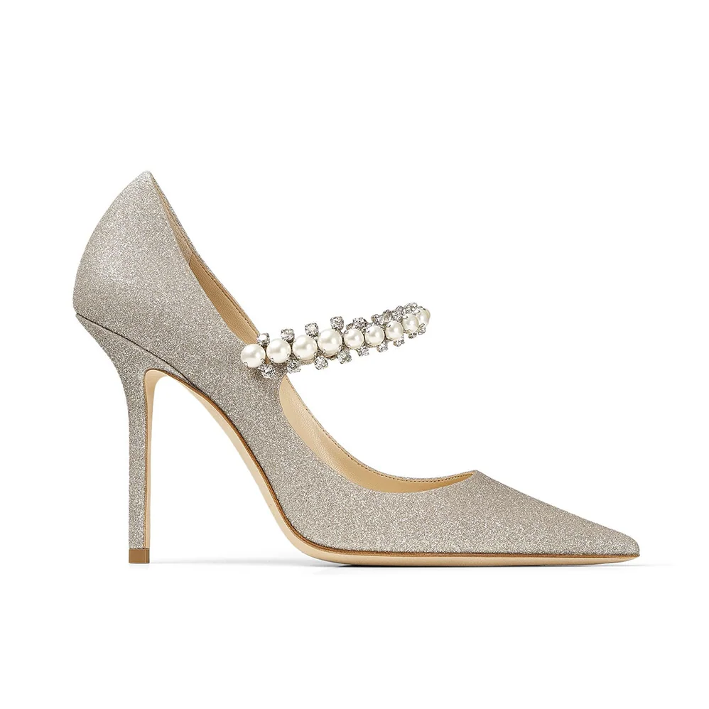 Jimmy Choo Baily 100 Platinum Ice Dusty Glitter Pumps with Crystal and Pearl Strap for Women Jimmy Choo Baily 100 Platinum Ice Dusty Glitter Pumps with Crystal and Pearl Strap for Women