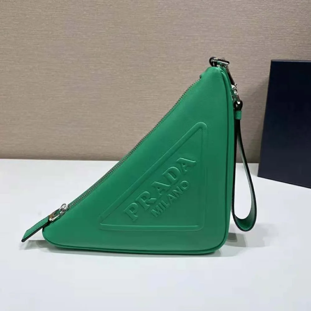 Prada Leather Triangle Leather Pouch for Women in Green Prada Leather Triangle Leather Pouch for Women in Green