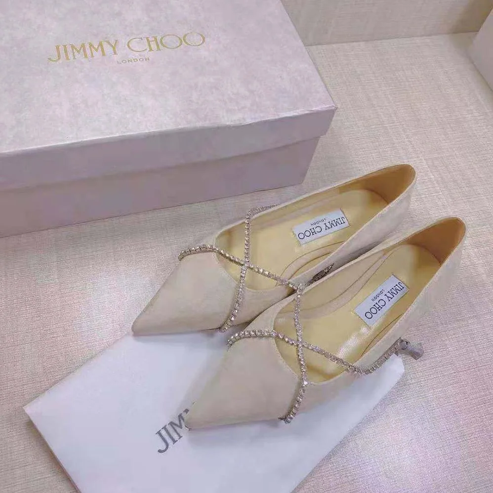 Jimmy Choo Genevi Flat Ballet Pink Pointed-Toe Flats with Crystal Chain for Women