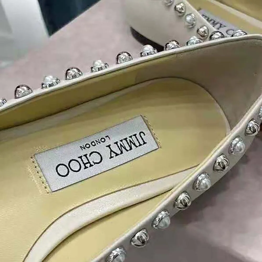 Jimmy Choo Mirele Flat Latte Nappa Leather Flats with Pearl Outline for Women