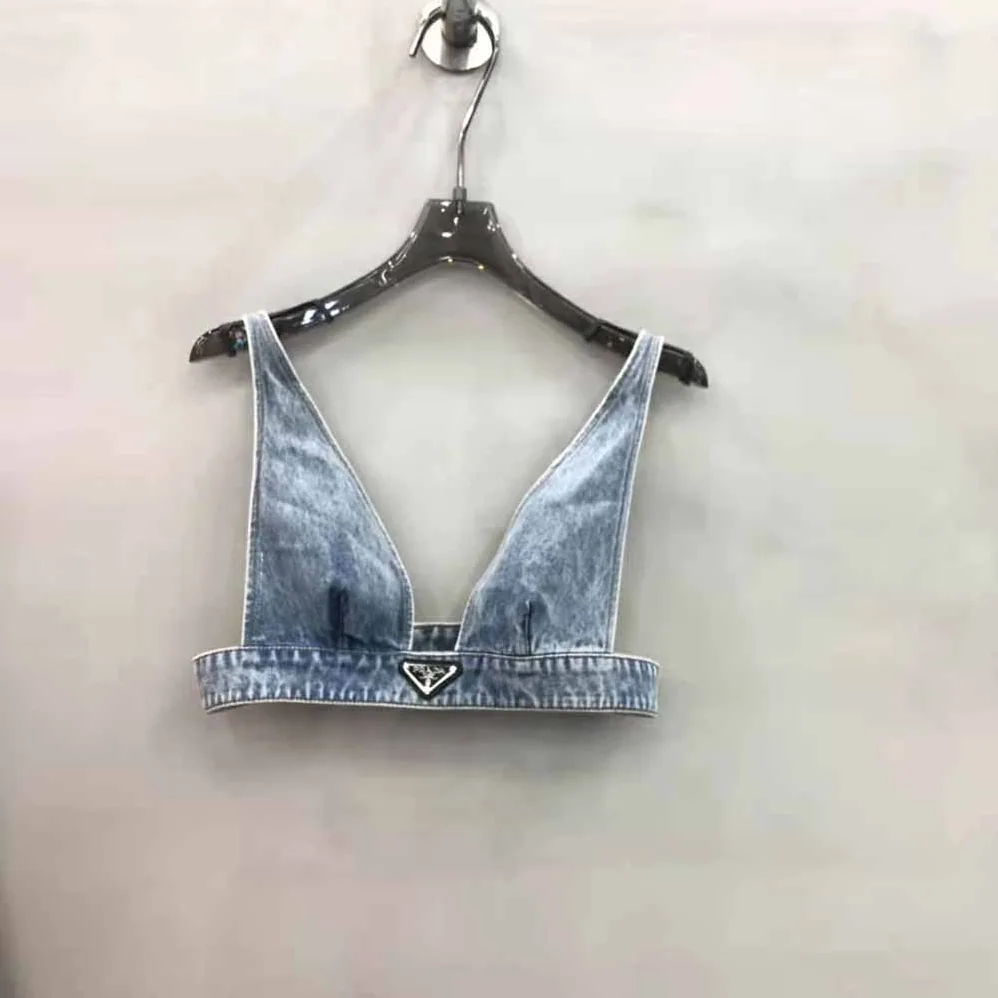 Prada Organic Denim Top with Plunging V Neck is Made of Washed Organic Denim for Women in Blue