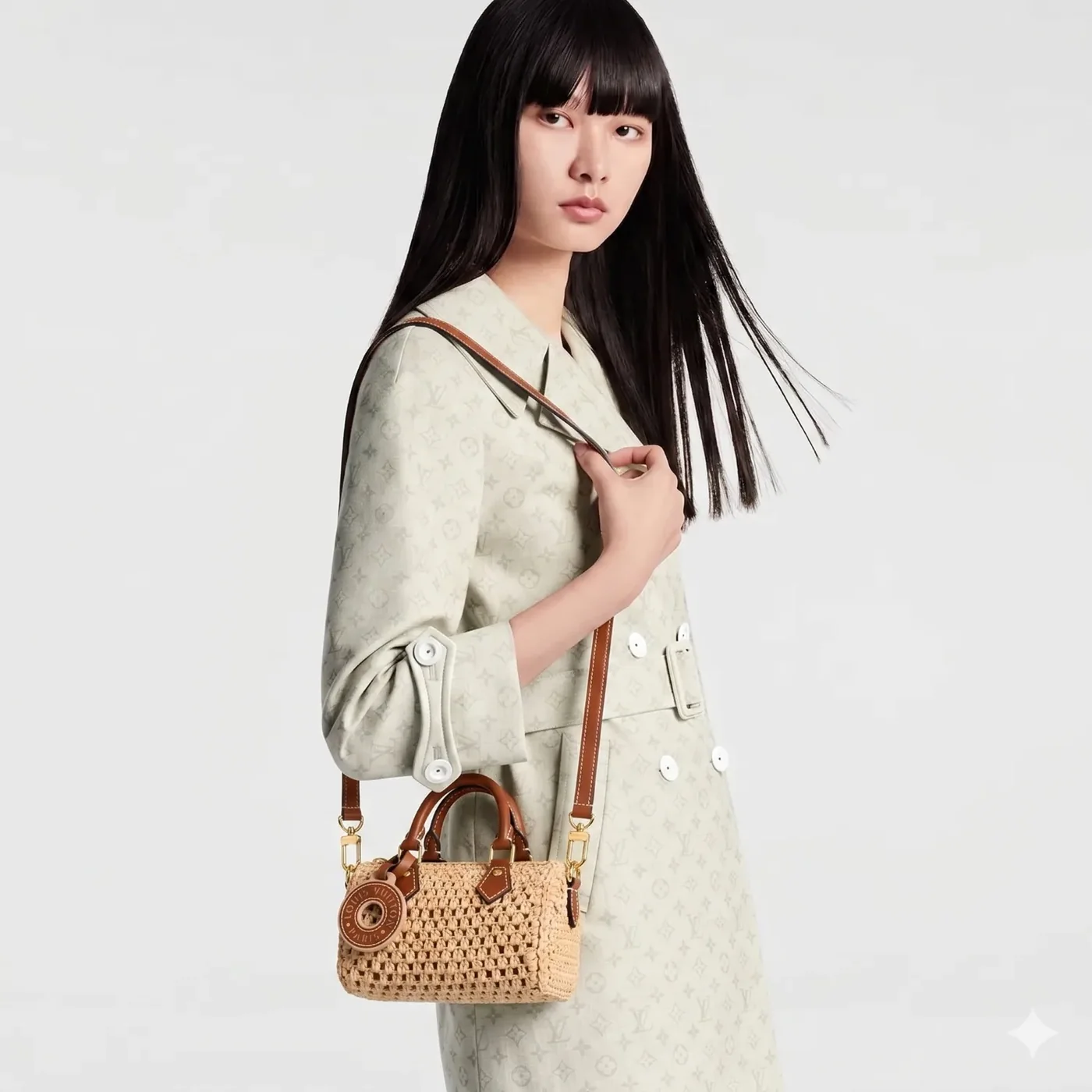 Louis Vuitton Nano Speedy Top Handle Bag / Natural Tan Raffia Gold Hardware