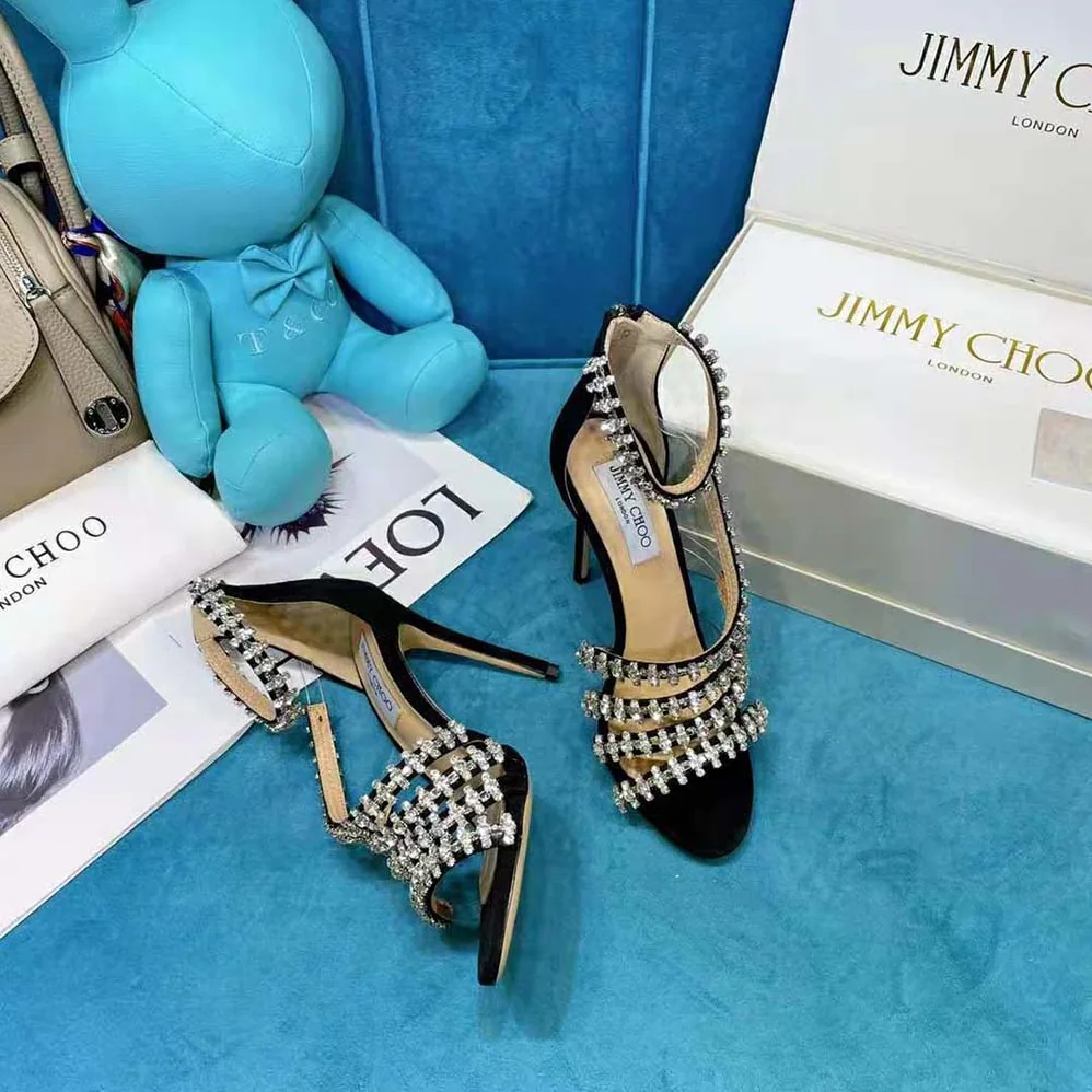 Jimmy Choo Josefine 100 Black Suede Sandals with Crystal Embellishment for Women Jimmy Choo Josefine 100 Black Suede Sandals with Crystal Embellishment for Women