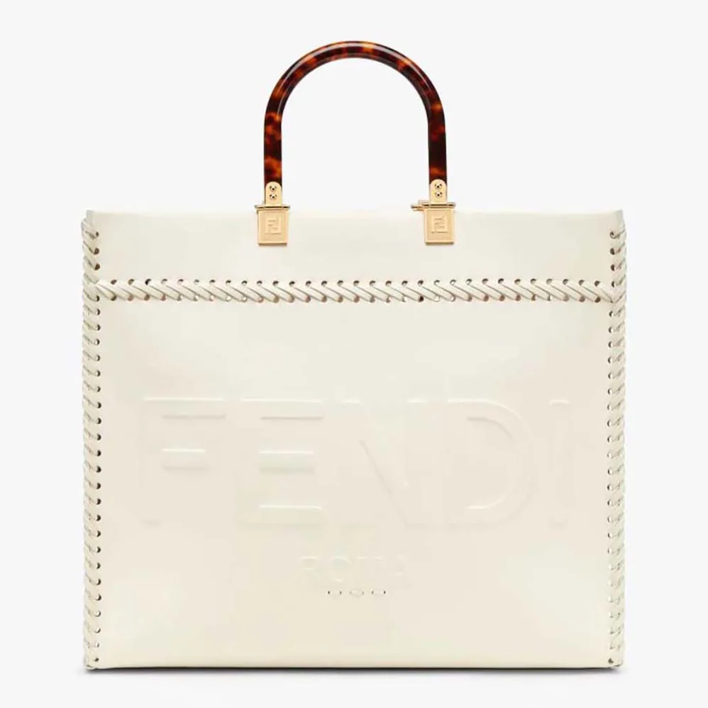 Fendi Sunshine Medium White Leather Shopper with Decorative Stitching for Women Fendi Sunshine Medium White Leather Shopper with Decorative Stitching for Women