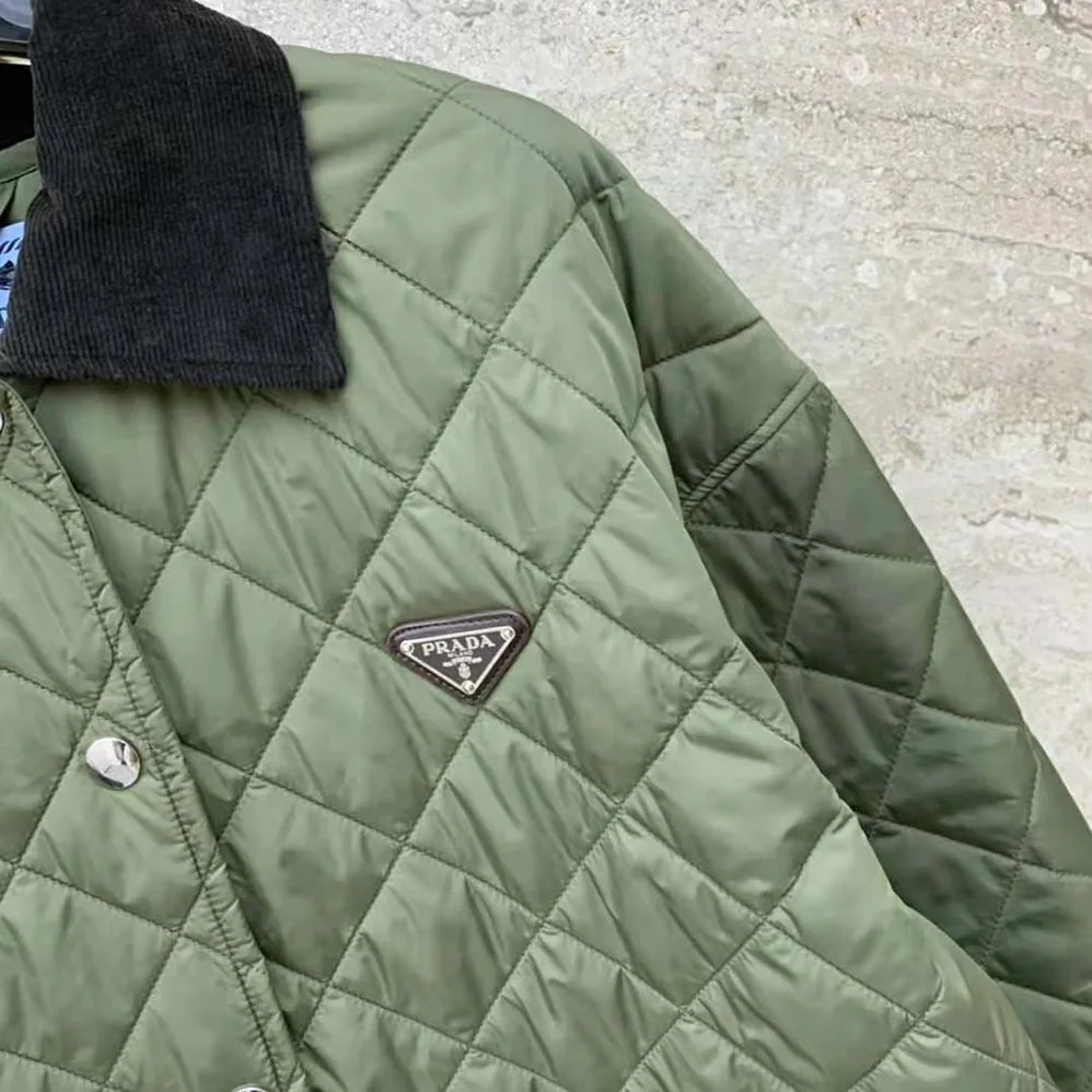 Prada Light Re-Nylon Jacket with Enameled Metal Triangle Logo for Women in Dark Green