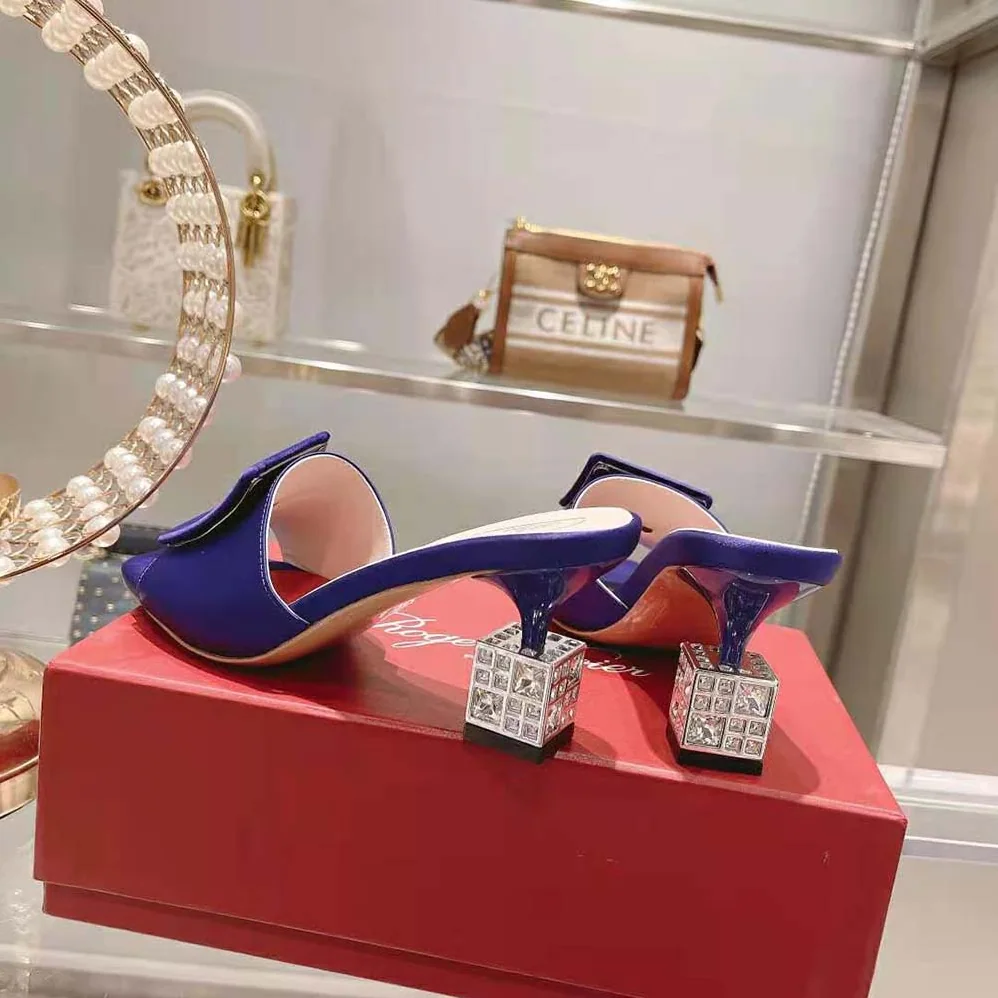 Roger Vivier Cube Strass Heel Mules in Satin for Women in Purple Roger Vivier Cube Strass Heel Mules in Satin for Women in Purple
