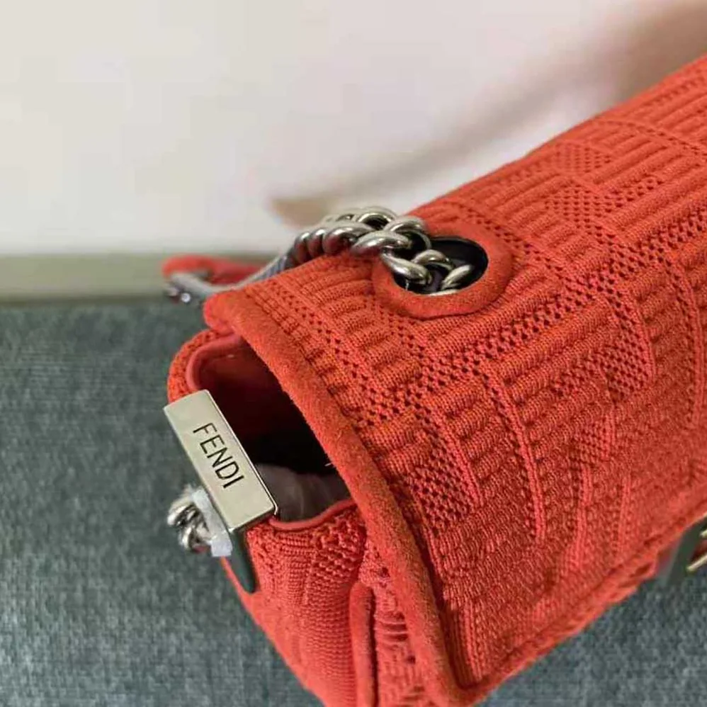 Fendi Midi Baguette Chain FF Fabric Bag for Women in Red