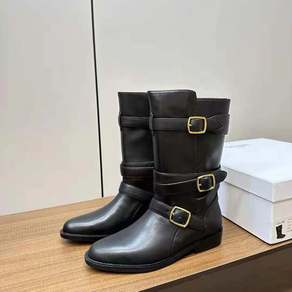 Celine Celine Lyra Triple Buckles Boot in Calfskin for Women in Black Celine Celine Lyra Triple Buckles Boot in Calfskin for Women in Black