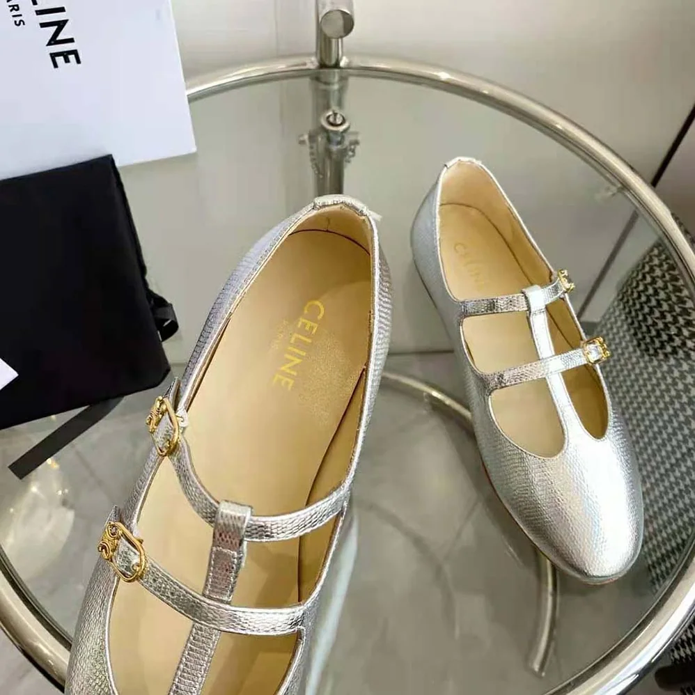 Celine Les Ballerines Celine Double Strap Mary Jane in Lizard Stamped Metalized Calfskin for Women Celine Les Ballerines Celine Double Strap Mary Jane in Lizard Stamped Metalized Calfskin for Women