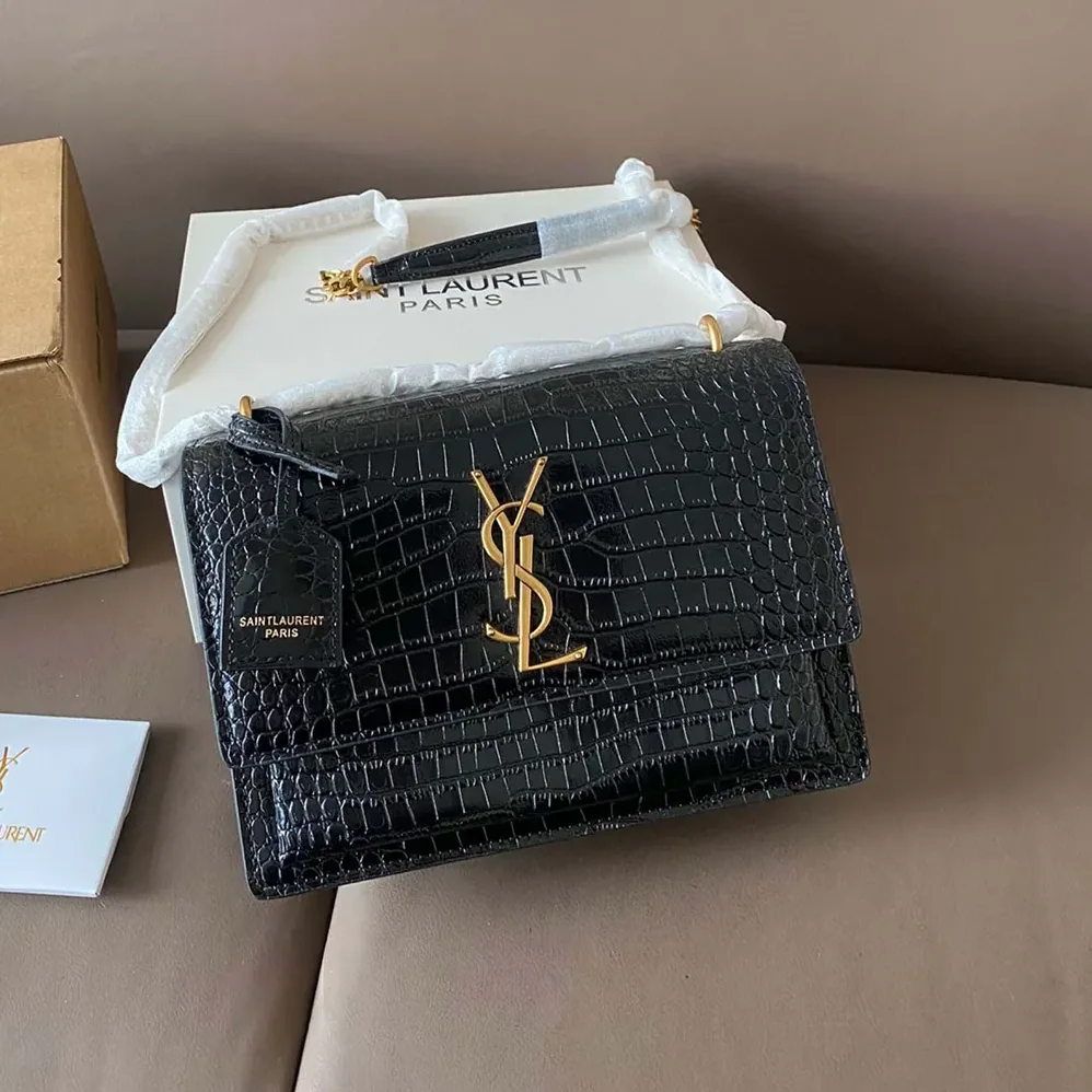 Saint Laurent YSL Sunset Medium in Crocodile Embossed Leather for Women in Black Saint Laurent YSL Sunset Medium in Crocodile Embossed Leather for Women in Black