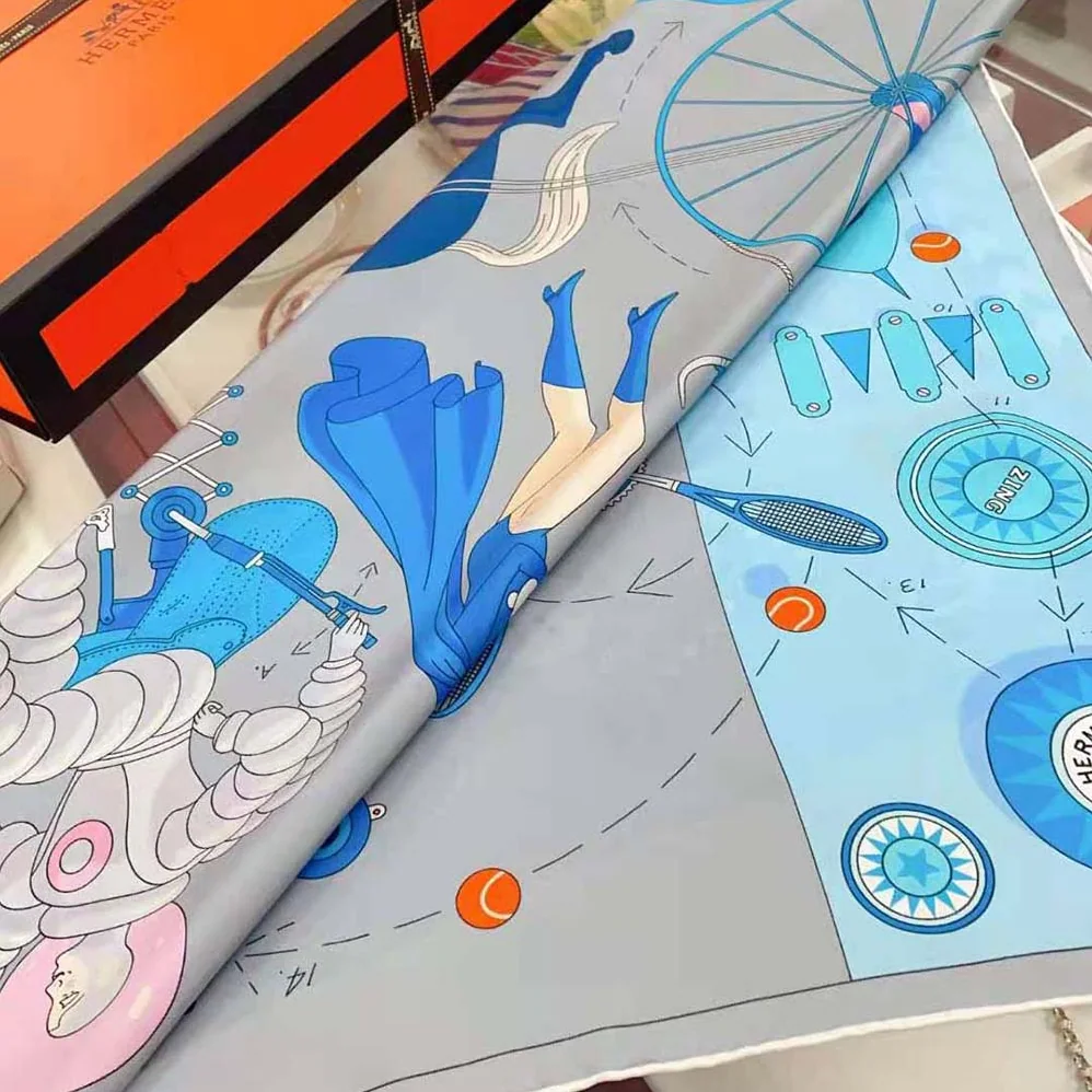 Hermes Tea for Two Scarf 90 in Silk Twill with Hand-Rolled Edges for Women in Blue Hermes Tea for Two Scarf 90 in Silk Twill with Hand-Rolled Edges for Women in Blue