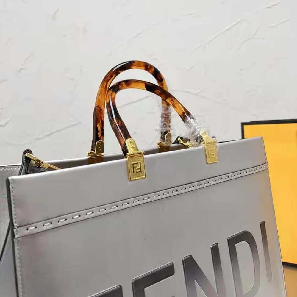 Fendi Fendi Sunshine Medium Silver Laminated Leather Shopper for Women