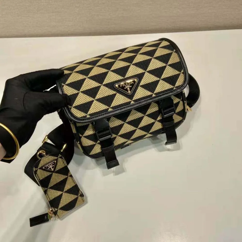 Prada Symbole Embroidered Fabric Bag for Men in Black/Beige Prada Symbole Embroidered Fabric Bag for Men in Black/Beige