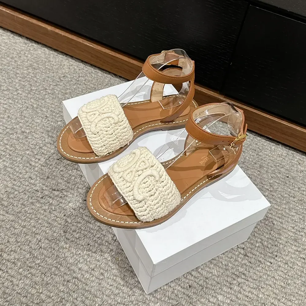 Celine Lympia Sandal in Triomphe Maccramé Cotton & Calfskin for Women in White Celine Lympia Sandal in Triomphe Maccramé Cotton & Calfskin for Women in White