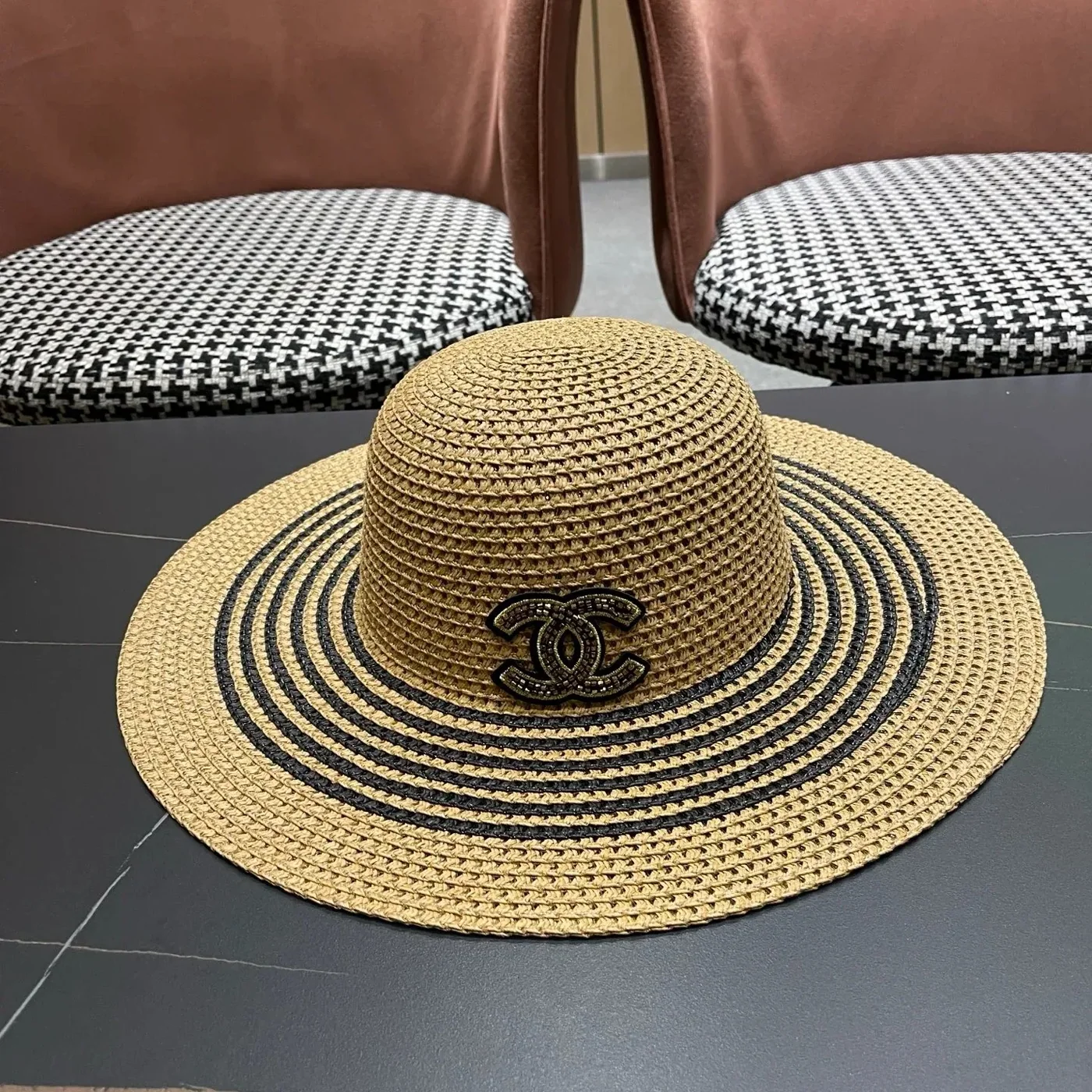 Chanel Monochrome Striped Sun Hat Dark Beige Straw Chanel Monochrome Striped Sun Hat Dark Beige Straw