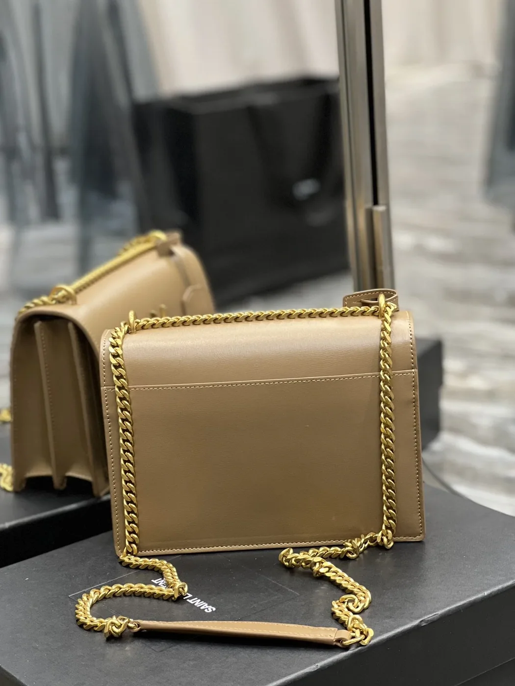 Saint Laurent Sunset Chain Medium Crossbody Bag in Dark Beige Gold Hardware