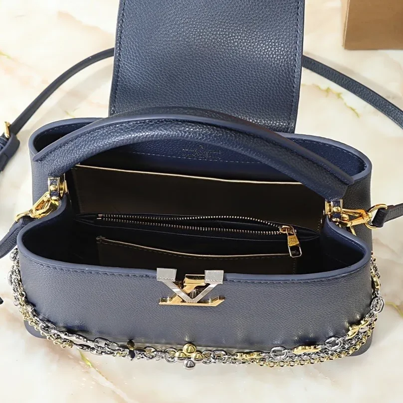 Louis Vuitton Capucines MM Top Handle Bag / Navy Blue Silver/ Gold Hardware