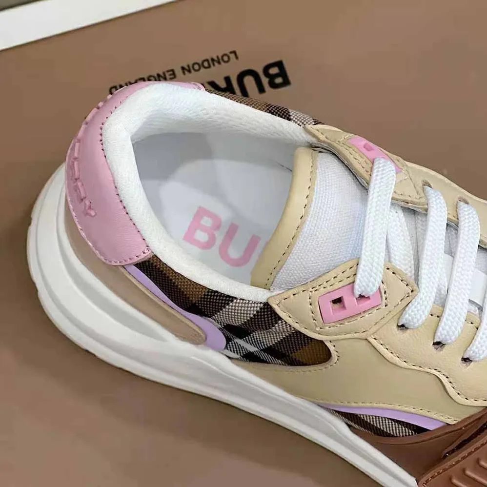 Burberry Check Cotton and Leather Sneakers for Women in Pink