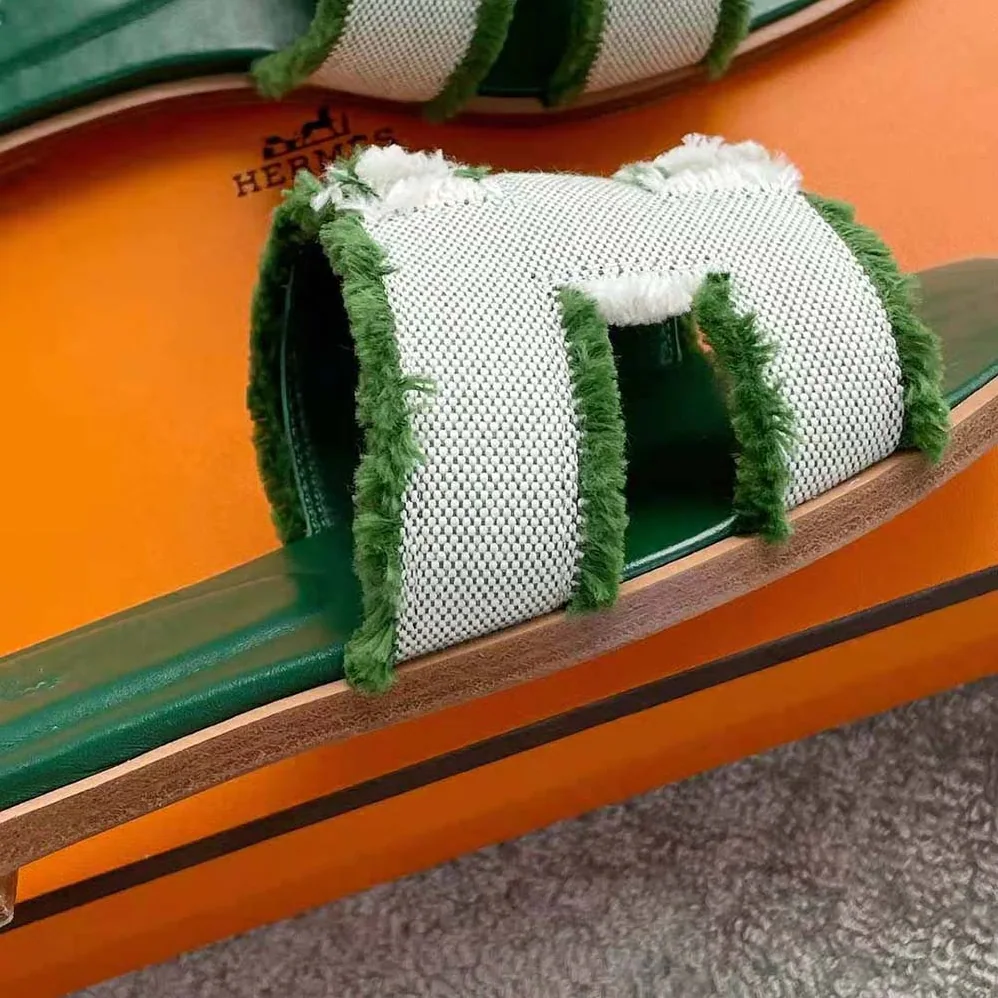 Hermes Oran Sandal in Fringed H Canvas for Women in Green