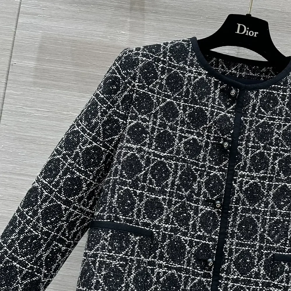 Dior Macrocannage Cropped Jacket Black and White Technical Cotton Tweed for Women
