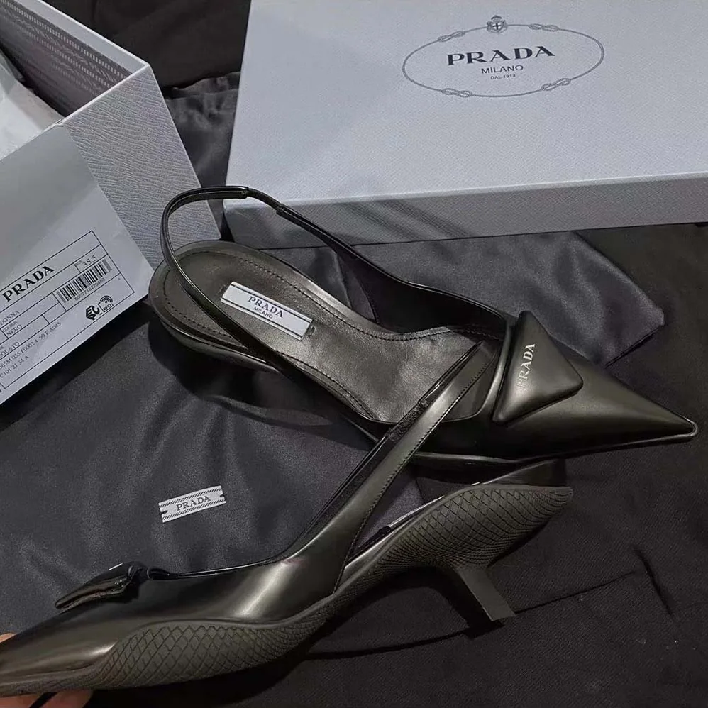 Prada Brushed Leather Slingback Pumps for Women in Black Prada Brushed Leather Slingback Pumps for Women in Black