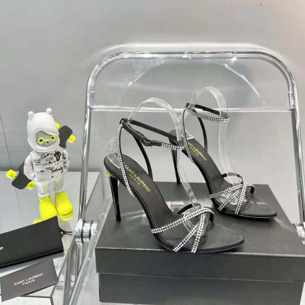 Saint Laurent YSL Ava Sandals in Crepe Satin with Rhinestones for Women