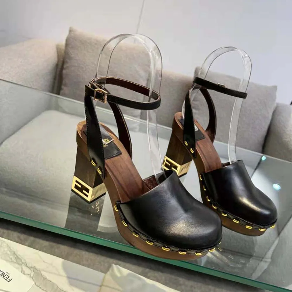 Fendi Baguette Show Black Leather High for Women in Heeled Clogs