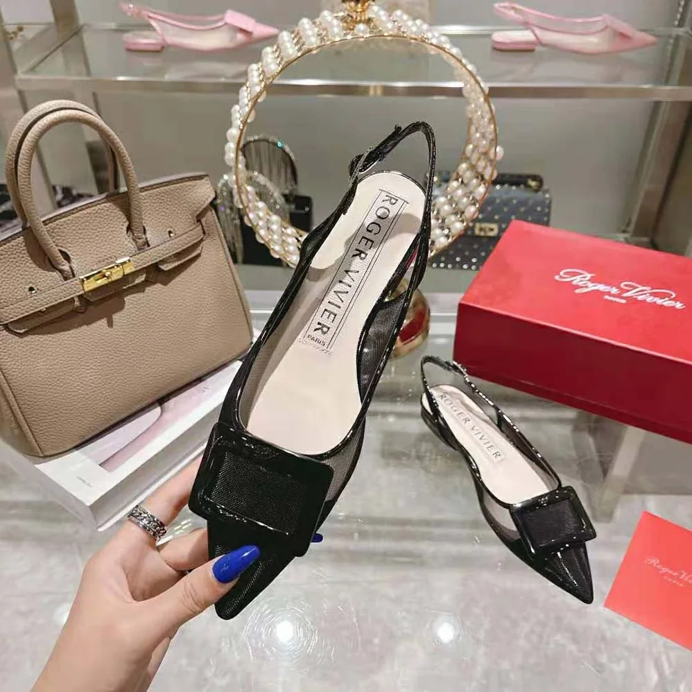 Roger Vivier Gommettine Net Lacquered Buckle Slingback Ballerinas in Fabric for Women in Black