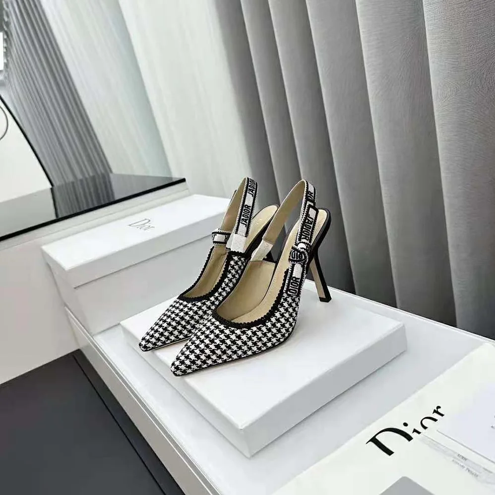 Dior J'Adior Slingback Pump White and Black Micro for Women in Houndstooth Embroidered Cotton