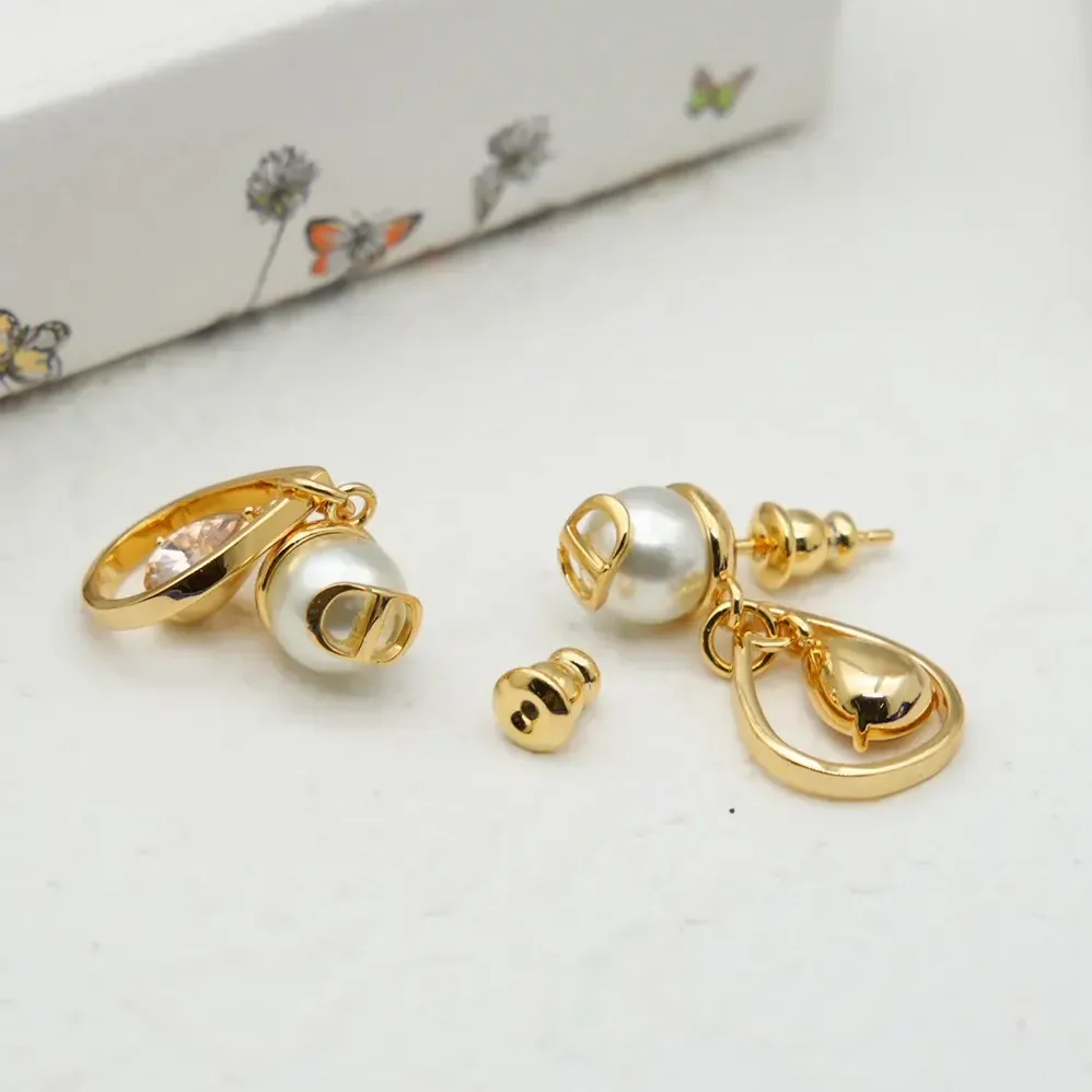 Dior D-Drop Earrings Gold-Finish Metal with White Resin Pearls and Champagne Crystals for Women Dior D-Drop Earrings Gold-Finish Metal with White Resin Pearls and Champagne Crystals for Women