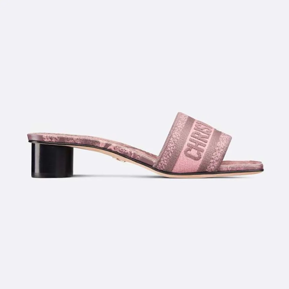 Dior Dway heeled Slide Gray and Pink Embroidered Cotton with Toile de Jouy Reverse Motif for Women