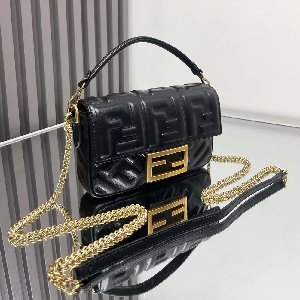 Fendi Baguette Mini Black Nappa Leather Bag with FF Motif for Women Fendi Baguette Mini Black Nappa Leather Bag with FF Motif for Women