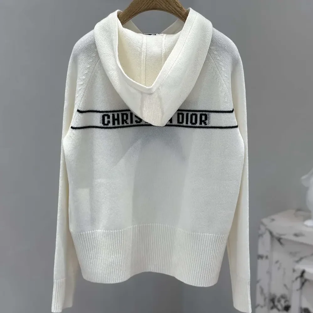 Dior DiorAlps Hooded Sweater White Wool and Cashmere Knit with Navy Blue Dior Star Motif for Women
