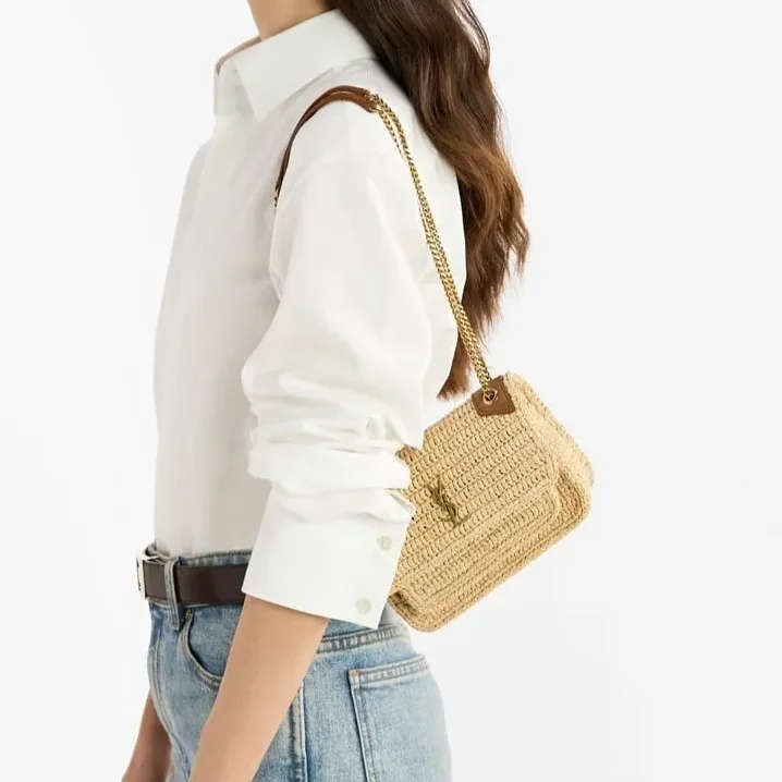 Saint Laurent Niki Mini Shoulder Bag in Natural Raffia Gold Hardware Saint Laurent Niki Mini Shoulder Bag in Natural Raffia Gold Hardware
