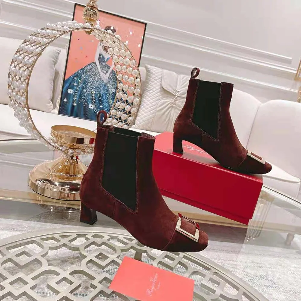 Roger Vivier Trompette Metal Buckle Chelsea Booties in Suede for Women in Maroon Roger Vivier Trompette Metal Buckle Chelsea Booties in Suede for Women in Maroon