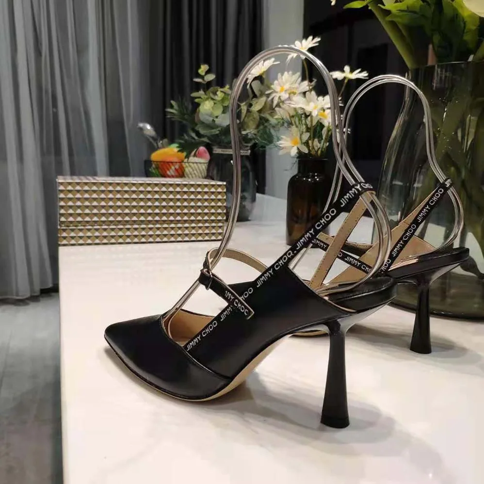 Jimmy Choo Ray 65 Black Nappa Leather Pointed Pumps with Logo for Women in Woven Ribbon