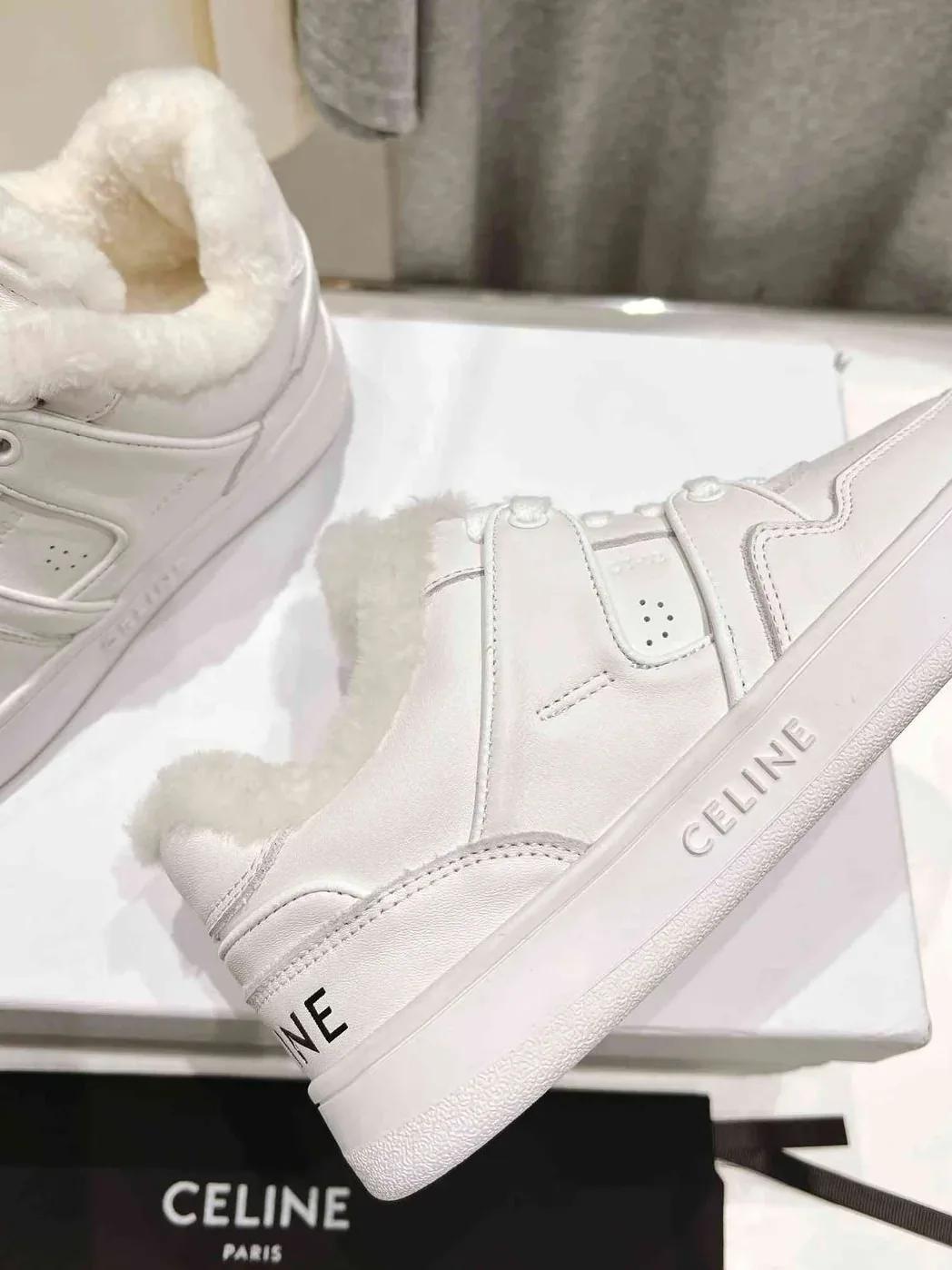 Celine Trainer Low Lace-Up Sneaker With Fur White Celine Trainer Low Lace-Up Sneaker With Fur White