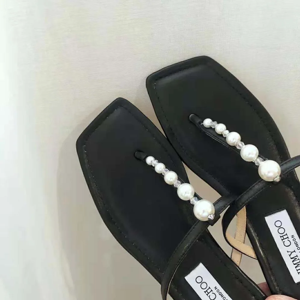 Jimmy Choo Alaina Flat Black Nappa Leather Flats with Pearl Embellishment for Women Jimmy Choo Alaina Flat Black Nappa Leather Flats with Pearl Embellishment for Women